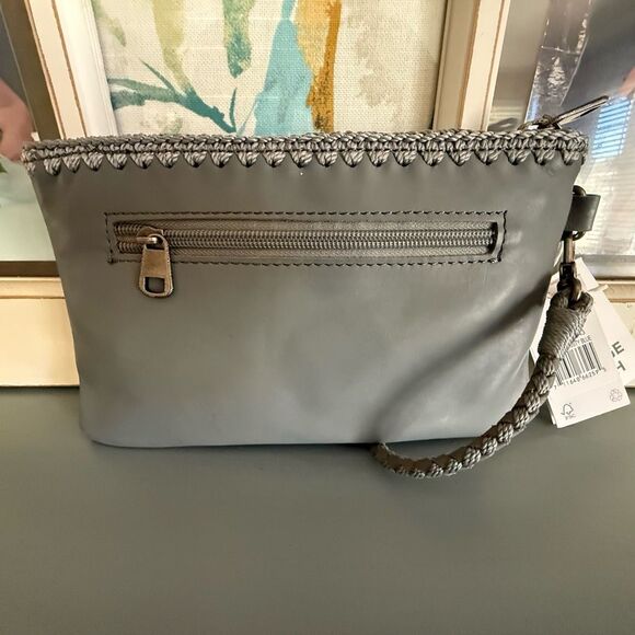 NWT The Sak Womens Leather Top Crochet Trim Zip Vita Wristlet Dusty Blue OS - Picture 8 of 10